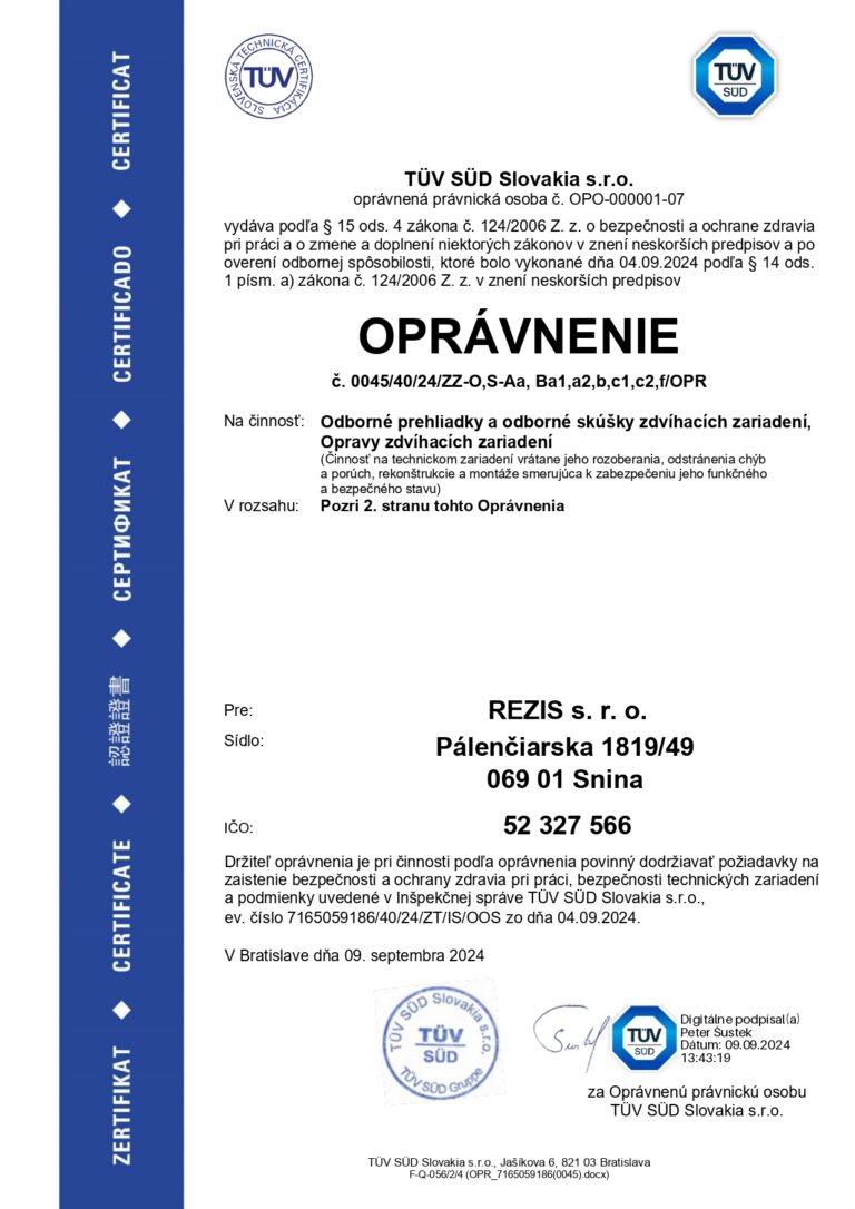 Oprávnenie TÜV SÜD Slovakia – odborné skúšky a opravy zdvíhacích zariadení REZIS s. r. o.