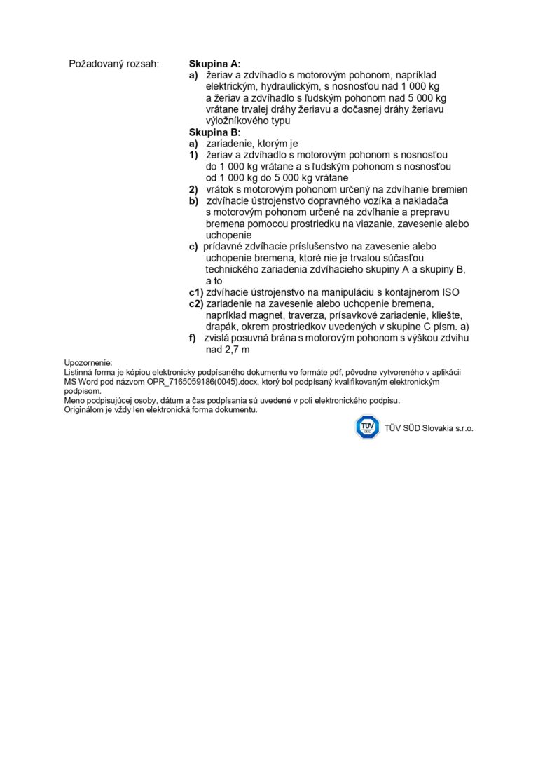 Oprávnenie TÜV SÜD Slovakia – odborné skúšky a opravy zdvíhacích zariadení REZIS s. r. o.